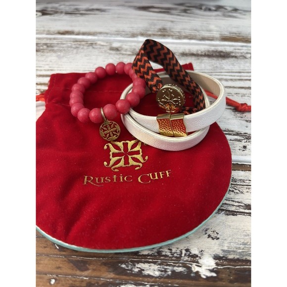 Rustic Cuff‎ 3 Piece Set Bracelets Red Gold Double wrap Beaded - Picture 3 of 4